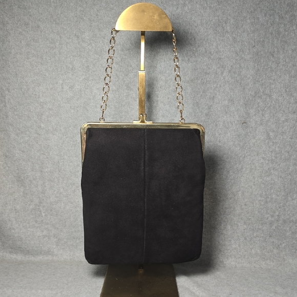 Handbags - Elegant Vintage Black Suede Kiss Lock Chain Evening Bag